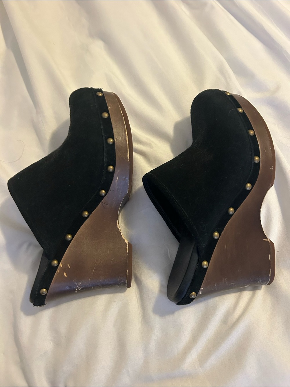 UGG Black Suede Studded Clog Mules with Brown Wood Platform